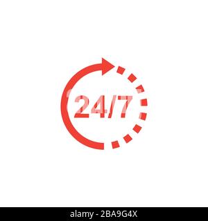 Support 24-7 Red Icon On White Background. Red Flat Style Vector Illustration. Stock Vector