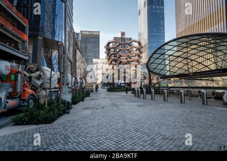 The Vessel and the Hudson Yards are devoid of tourists in New York on Tuesday, March 24, 2020 because of social distancing and the COVID-19 pandemic. (© Richard B. Levine) Stock Photo