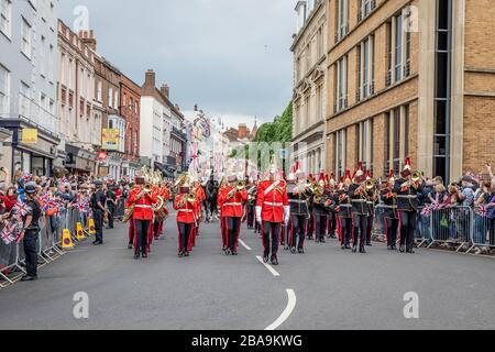 Band of the Household Cavalry leads the Household Cavalry farewell to Windsor parade through Windosr, Berkshire, UK - May 18th 2019 Stock Photo