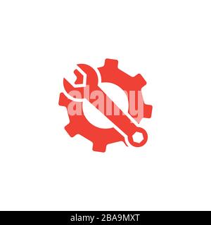 Service Tools Red Icon On White Background. Red Gear Wheel & Hammer Flat Style Vector Illustration Stock Vector