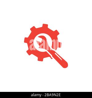 Service Tools Red Icon On White Background. Red Gear Wheel & Hammer Flat Style Vector Illustration Stock Vector