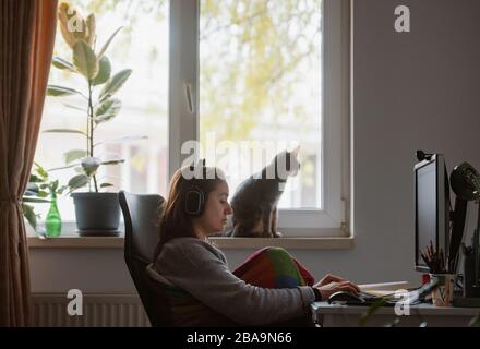 girl working from home with her cat Stock Photo