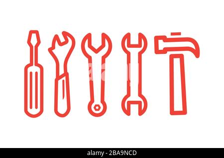 Wrench Spanner Screwdriver And Hammer Line Red Icon On White Background. Red Flat Style Vector Illustration. Stock Vector