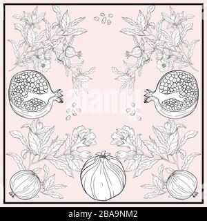 Silk scarf with pomegranate branch with fruits and flowers. Card, bandana print, kerchief design, napkin, wedding invitation, birthday, fabric, healfy Stock Vector