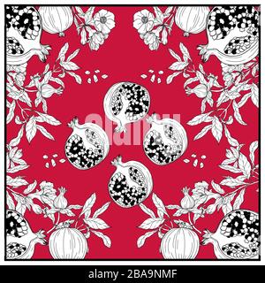 Silk scarf with pomegranate branch with fruits and flowers. Card, bandana print, kerchief design, napkin, wedding invitation, birthday, fabric, healfy Stock Vector