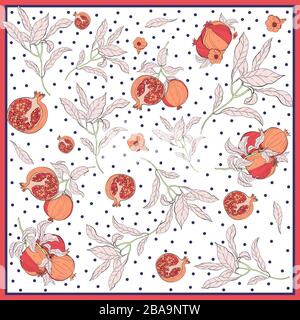 Silk scarf with pomegranate branch with fruits and flowers. Card, bandana print, kerchief design, napkin, wedding invitation, birthday, fabric, healfy Stock Vector