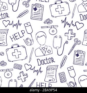 Medicine seamless doodle pattern for your design. Hand drawn Health care, pharmacy, medical cartoon background. Vector illustrations. Stock Vector