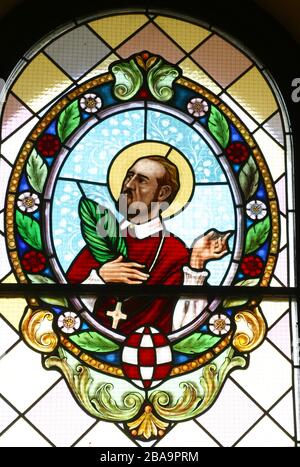 Saint Marko Krizin, stained glass window at St. Andrew's Church in Laz, Croatia Stock Photo