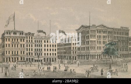 Antique 1868 engraving, view of the southern section of Park Row, known as Printing House Square from City Hall Park, in New York City. Park Row is a street located in the Financial District, Civic Center, and Chinatown neighborhoods of the New York City borough of Manhattan. SOURCE: ORIGINAL ENGRAVING