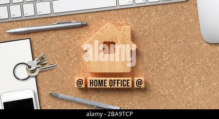house symbol and wooden blocks with text HOME OFFICE on cork background Stock Photo