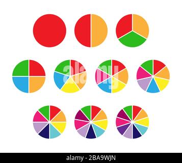 set of colored pie charts for 1,2,3,4,5,6,7,8,9,10 steps or sections to illustrate a business plan, infographic, reporting. Simple design, stock vecto Stock Vector