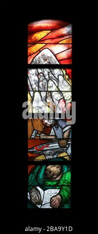 The journey of the nation at the end of the day on Mount Sinai, stained glass window by Sieger Koder in Saint James church in Sontbergen, Germany Stock Photo