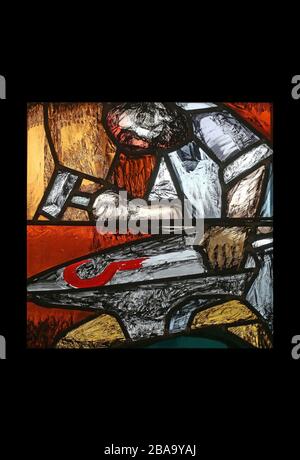 Moses, the journey of the nation at the end of the day on Mount Sinai, detail of stained glass by Sieger Koder in Saint James church in Sontbergen Stock Photo