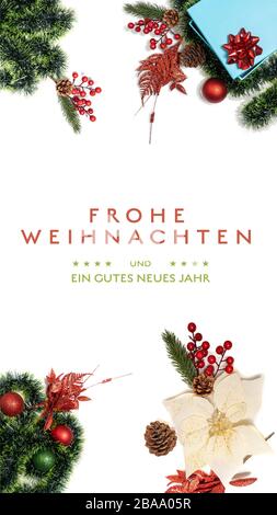 “Frohe Weihnachten und ein gutes neues Jahr” t.i. Merry Christmas and Happy New Year in German language on a light background with decoration Smartpho