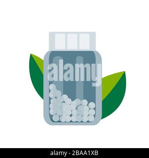 Bottle with gomeophatic granules. Homeopathic and herbal pills, vector illustration Stock Vector
