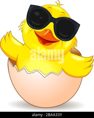 Cartoon chicken in black glasses peeking out of an eggshell. Little yellow chicken on white background. Stock Vector
