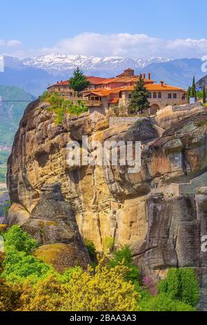 Meteora Greece Agios Stefanos St Stefan Monastery On Cliff Mountain Rock And Snow Peaks Stock Photo Alamy