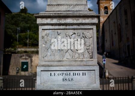 The statue of Leopoldo II situated in the main square of Massa, Italy in a beautiful blue sky day. Stock Photo