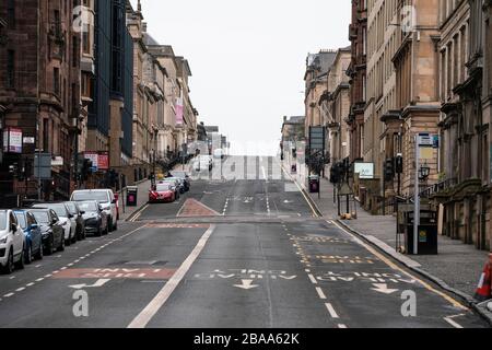 Glasgow, Scotland, UK. 26 March, 2020. Views from city centre in Glasgow on Thursday during the third day of the Government sanctioned Covid-19 lockdown. The city is largely deserted. Only food and convenience stores open. Pictured; West George Street ids deserted. Iain Masterton/Alamy Live News Stock Photo