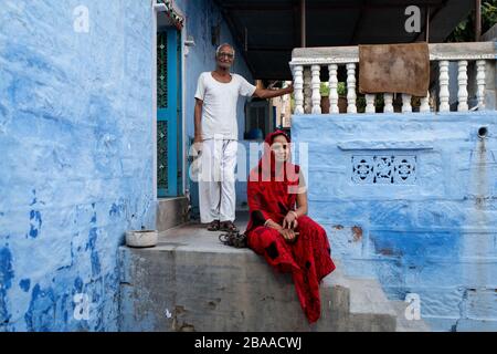 Woman and man in Blue City, Jodhpur, India Stock Photo