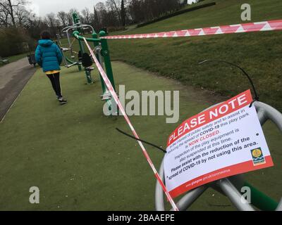 Glasgow, Scotland, on 26 March 2020. A public exercise area in Queen's Park, in Glasgow's Southside, is taped off to prevent use by the public, and to decrease the transmission of the deadly Coronavirus COVID-19. Photo credit: Jeremy Sutton-Hibbert/Alamy Live News. Stock Photo