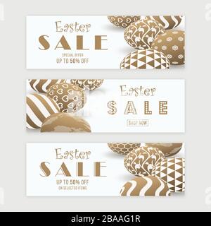 Easter sale banner templates with three dimensional patterned eggs. Gold colored Easter banner design. Stock Vector