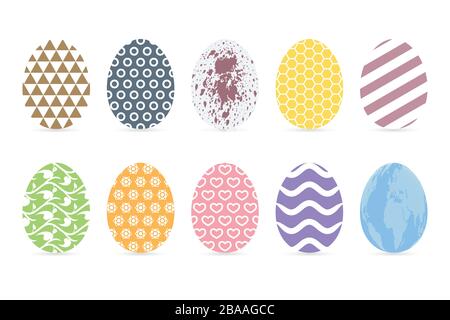 Pastel colored easter eggs on white background. Flat patterned egg icon set. Stock Vector