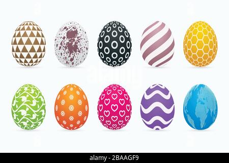 Colorful easter eggs on white background. Three dimensional patterned egg icon set. Stock Vector