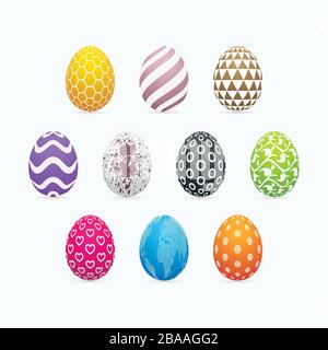Colorful easter eggs on white background. Three dimensional patterned egg icon set. Stock Vector