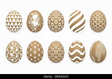 Gold colored easter eggs on white background. Three dimensional patterned egg icon set. Stock Vector