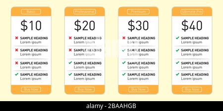 Illustration of price table with steps,heading, creative design vector Stock Vector