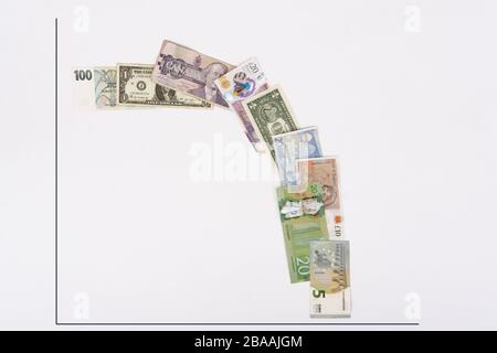 Coronavirus financial crash concept using different western culture global currencies to show graph of stock market or financial economy collapse Stock Photo