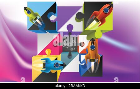 abstract cubes with colored spaceship on wave background Stock Vector