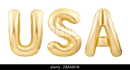 USA made of golden inflatable balloons isolated on white background Stock Photo