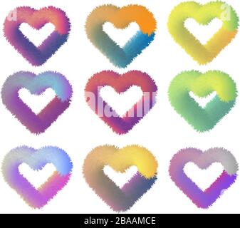 Illustration of realistic 3D heart with fur effect in different colors on white background Stock Vector