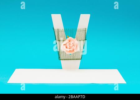 Letter objects with flowers, roses and decorations on a blue background Stock Photo