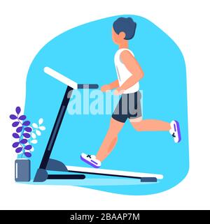 Man runs on the treadmill in gym. Activity, fitness, losing weight program vector in flat style. Running and jogging concept. Stock Vector