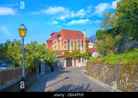 Street view with colorful house covered ivy and narrow cobbled road in old city of Annecy. Haute Savoie, French Alps, France Stock Photo