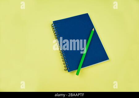 Light green writing pencil crayon on top of a simple blue note book ready to write Stock Photo
