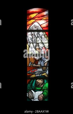 The journey of the nation at the end of the day on Mount Sinai, stained glass window by Sieger Koder in Saint James church in Sontbergen, Germany Stock Photo