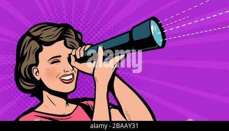 Beautiful girl looking through spyglass. Retro comic pop art vector illustration Stock Vector