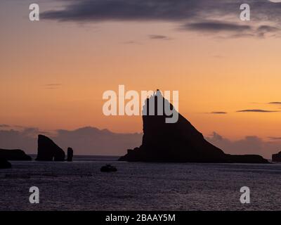 Faroe Islands, Vagar, Drangarnir, sunset view from the road to Gásadalur. Stock Photo