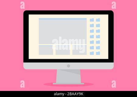 Flat computer isolated on pink background. Illustration of femininity personal computer with copy space. Vector template icon for design website or bl Stock Vector