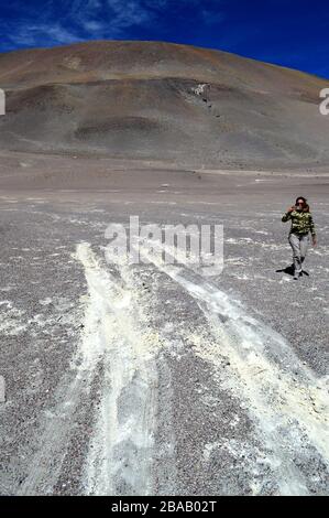 Traces of the place where we were almost buried in the volcanic ash in front of the Socompa lagoon, Salta province, Argentina. Stock Photo