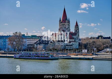 Vienna, Austria - Feb 20, 2020: St. Francis of Assisi Church also known as the Emperor's Jubilee Church or the Mexico church on Mexikoplatz Stock Photo