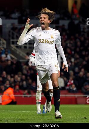 Swansea City's Miguel Michu celebrates scoring his sides first goal Stock Photo