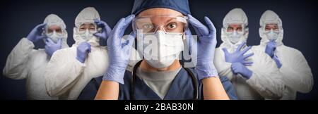 Team of Female and Male Doctors or Nurses Wearing Protective Medical Face Masks and Goggles Banner. Stock Photo