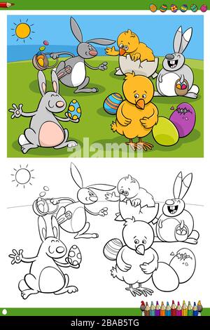 Cartoon Illustrations of Easter Bunnies and Chicks Holiday Characters with Eggs Coloring Book Page Stock Vector