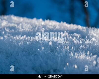Ice crystals on snow with blue background Stock Photo
