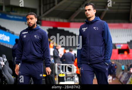 Derby County's Jayden Bogle (left) and goalkeeper Kelle Roos Stock Photo